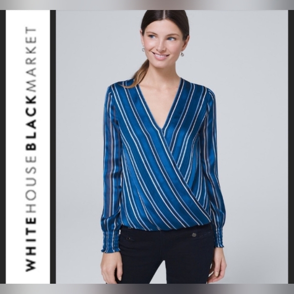 WHITE HOUSE BLACK MARKET Blue Striped Surplice Blouse- Size M - Picture 2 of 8